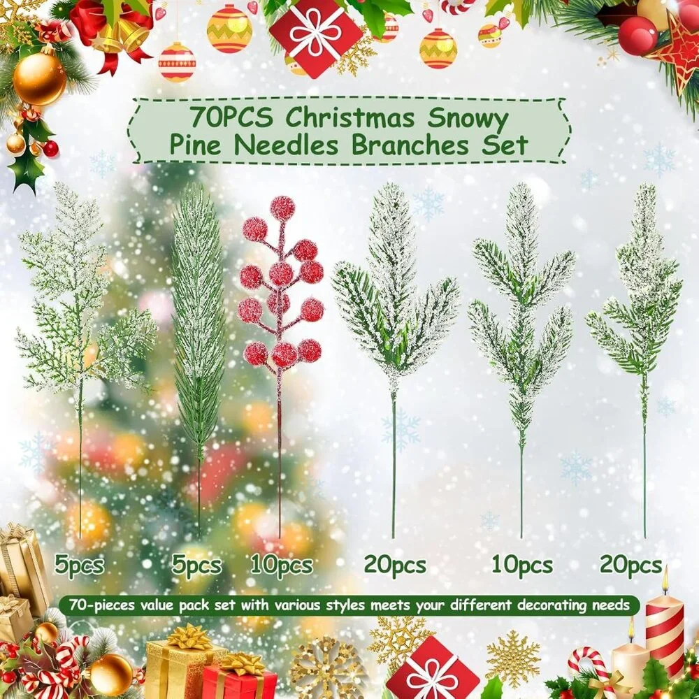Versatile 70PCS Christmas Artificial Pine Branches with Red Berries for Crafts